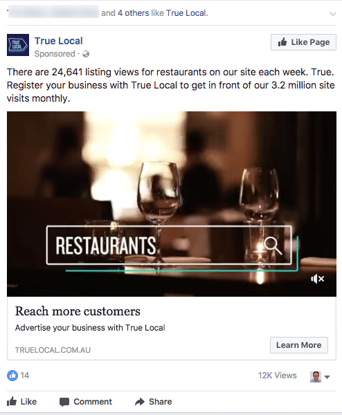 truelocal Facebook targeting Restaurants