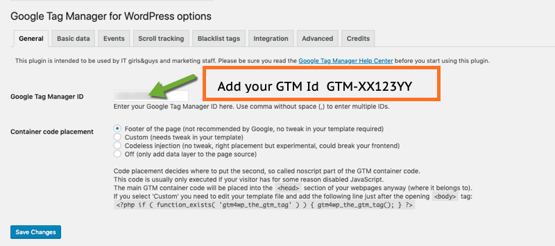 Adding GTM Id to Google Tag Manager for WordPress