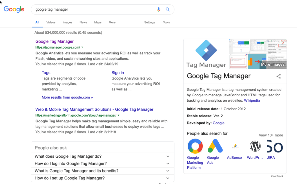 Finding GTM(Google Tag Manager) Google search